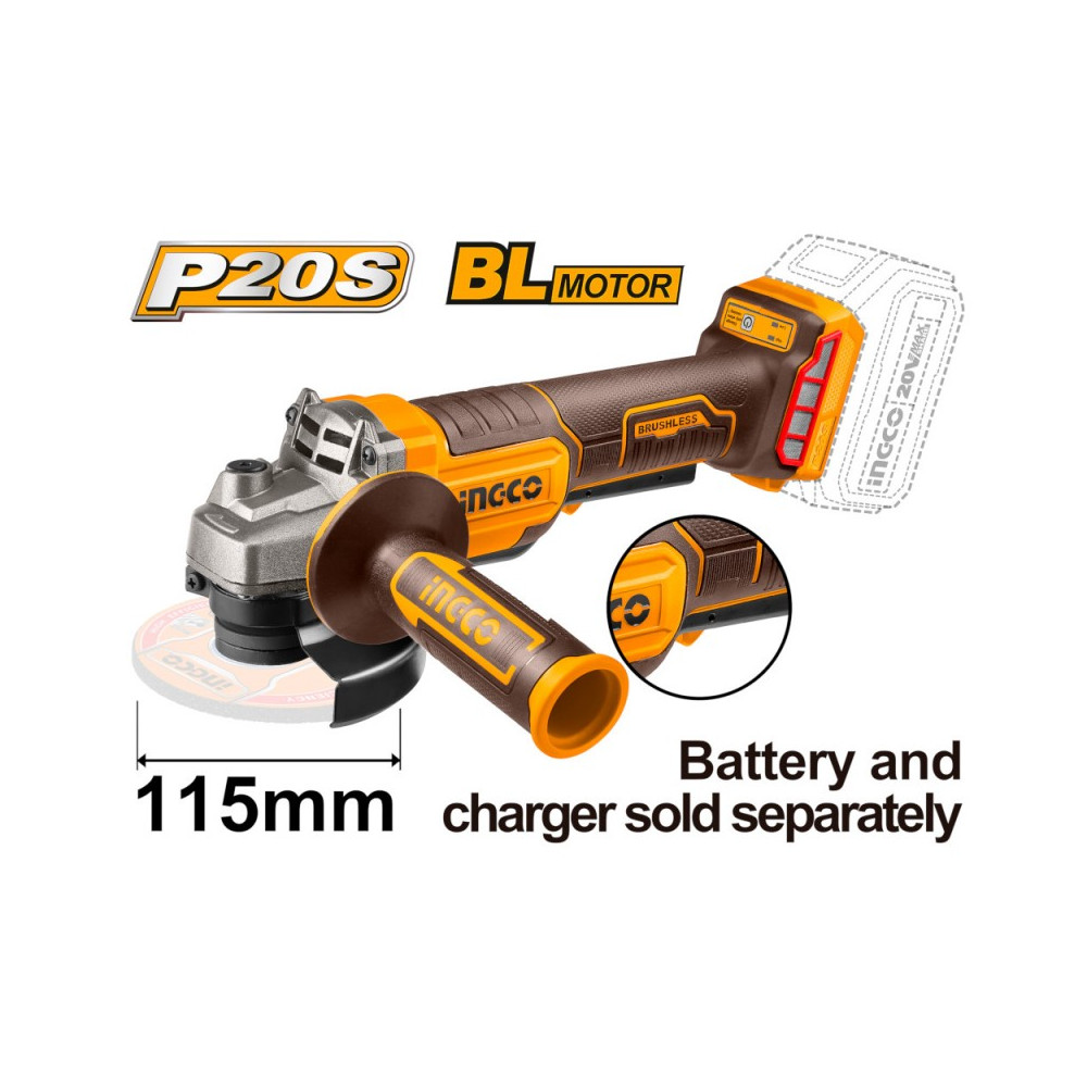 Smerigliatrice angolare a batteria brushless 20v ingco - disco da 115 mm.